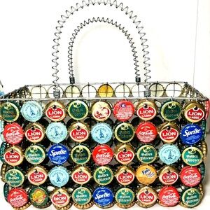 Vintage Folk Art Bottle Cap Metal Basket Hand Crafted Recycled Repurposed